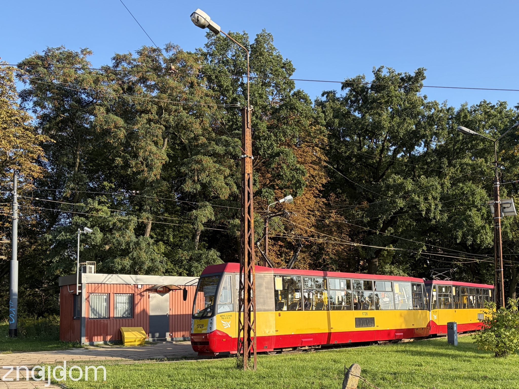 Czerwono-żółty tramwaj na pętli tramwajowej w otoczeniu drzew na łódzkim Teofilowie