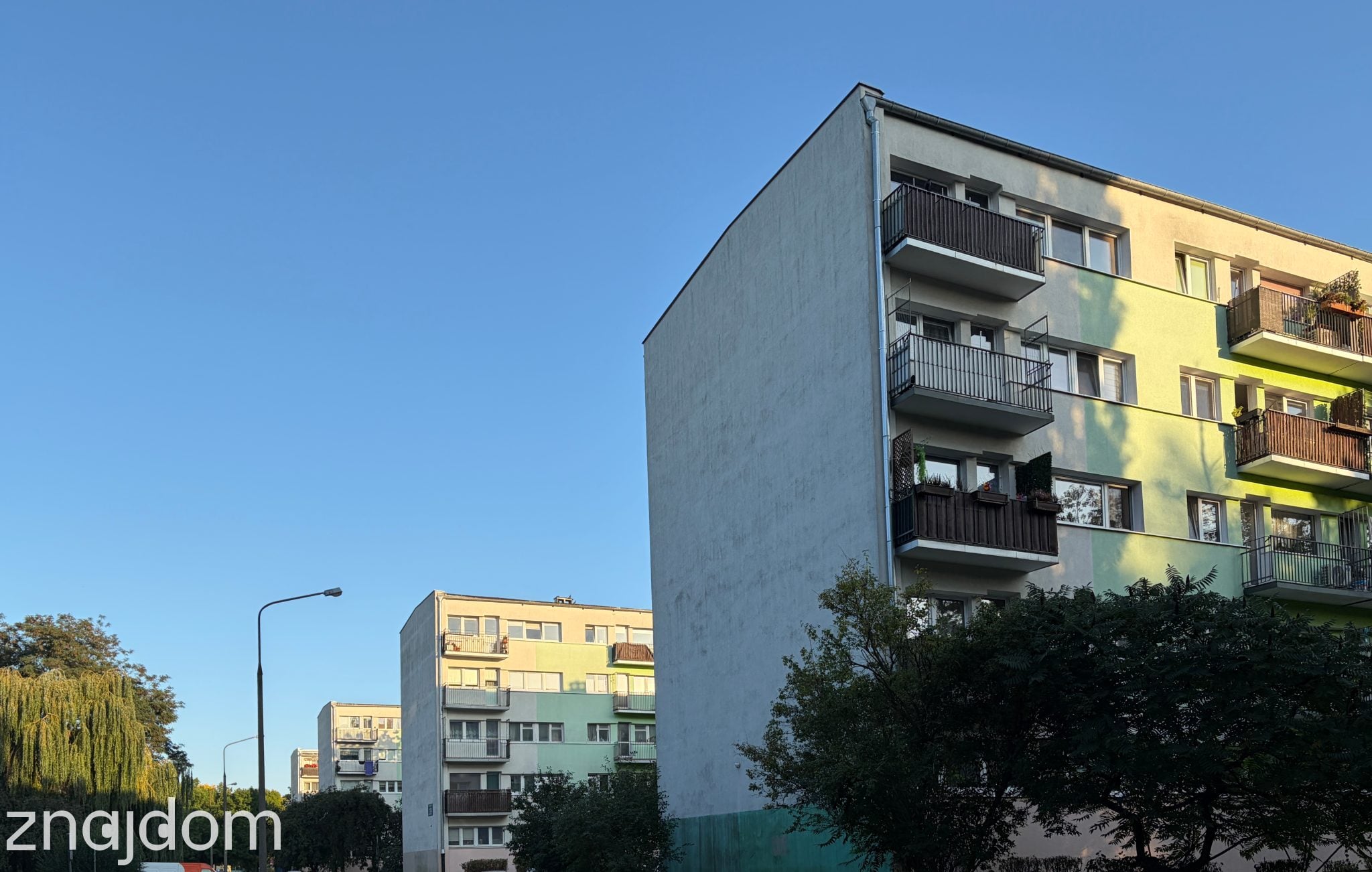 Równoległy ciąg czteropiętrowych bloków z wielkiej płyty wśród zieleni na łódzkim Teofilowie