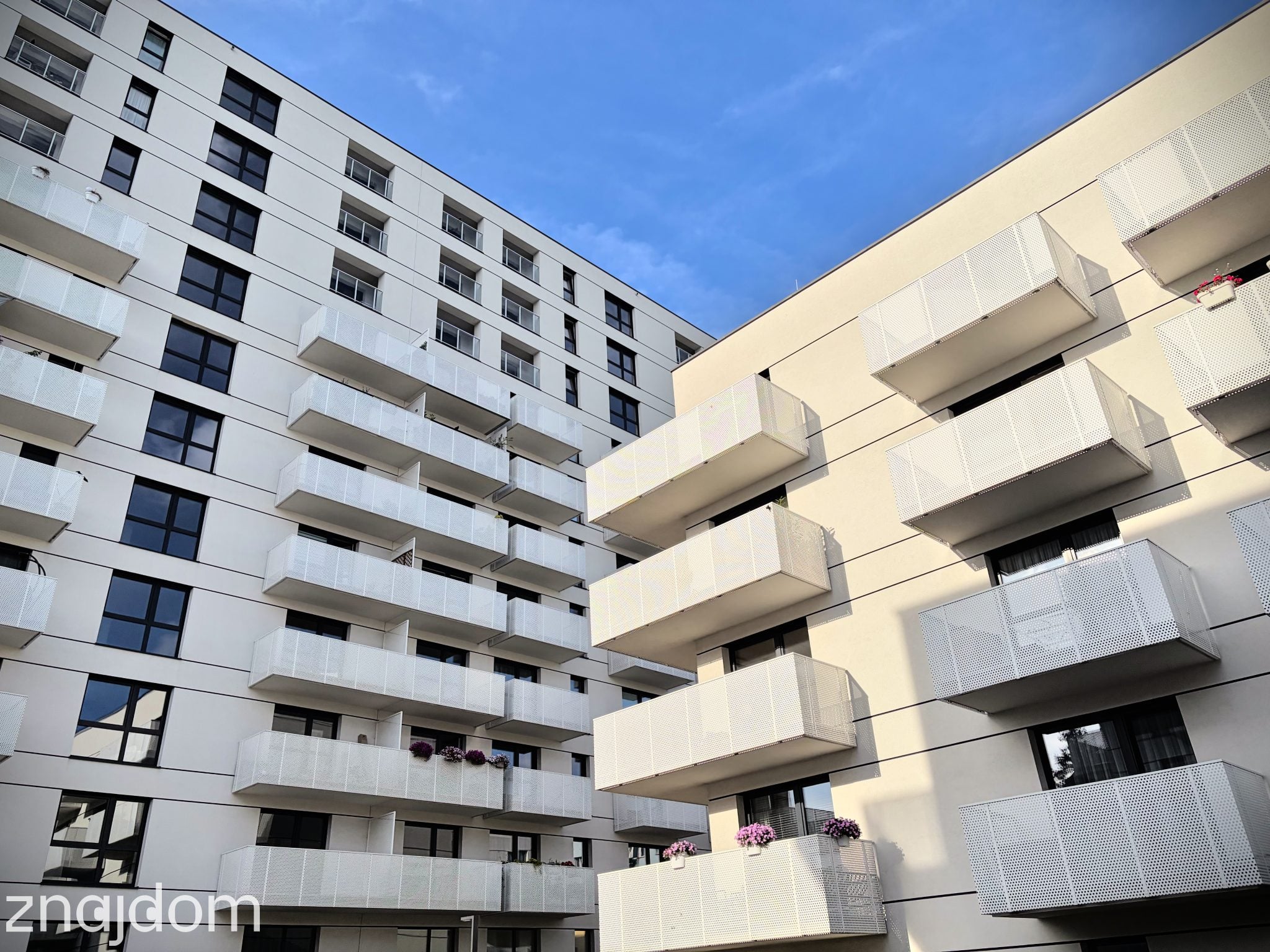 Zdjęcie dwóch białych apartamentowców.