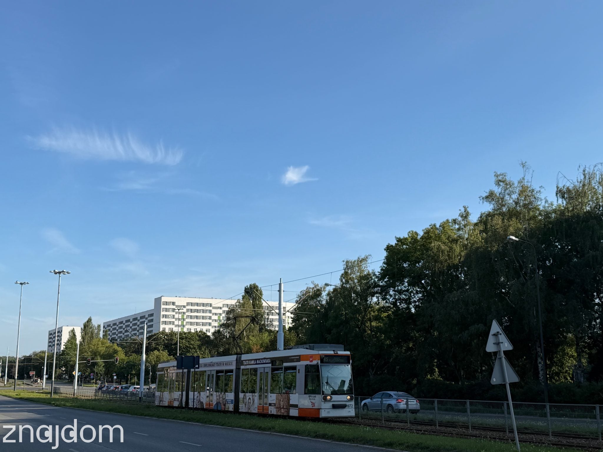 Tramwaj przejeżdżający Zgierską na osiedlu Bałuty-Centrum. Na poboczu drzewa, za nimi bloki.