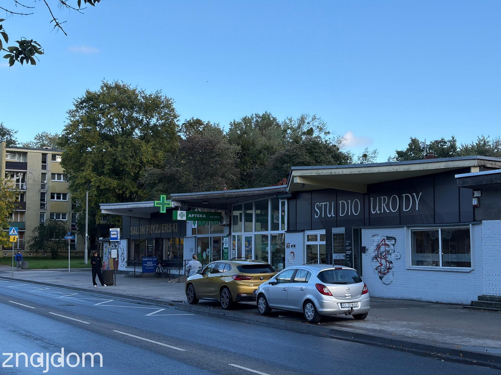 Lokalny pawilon usługowy z apteką i studiem urody zlokalizowany przy ulicy na osiedlu Łódź Dąbrowa.