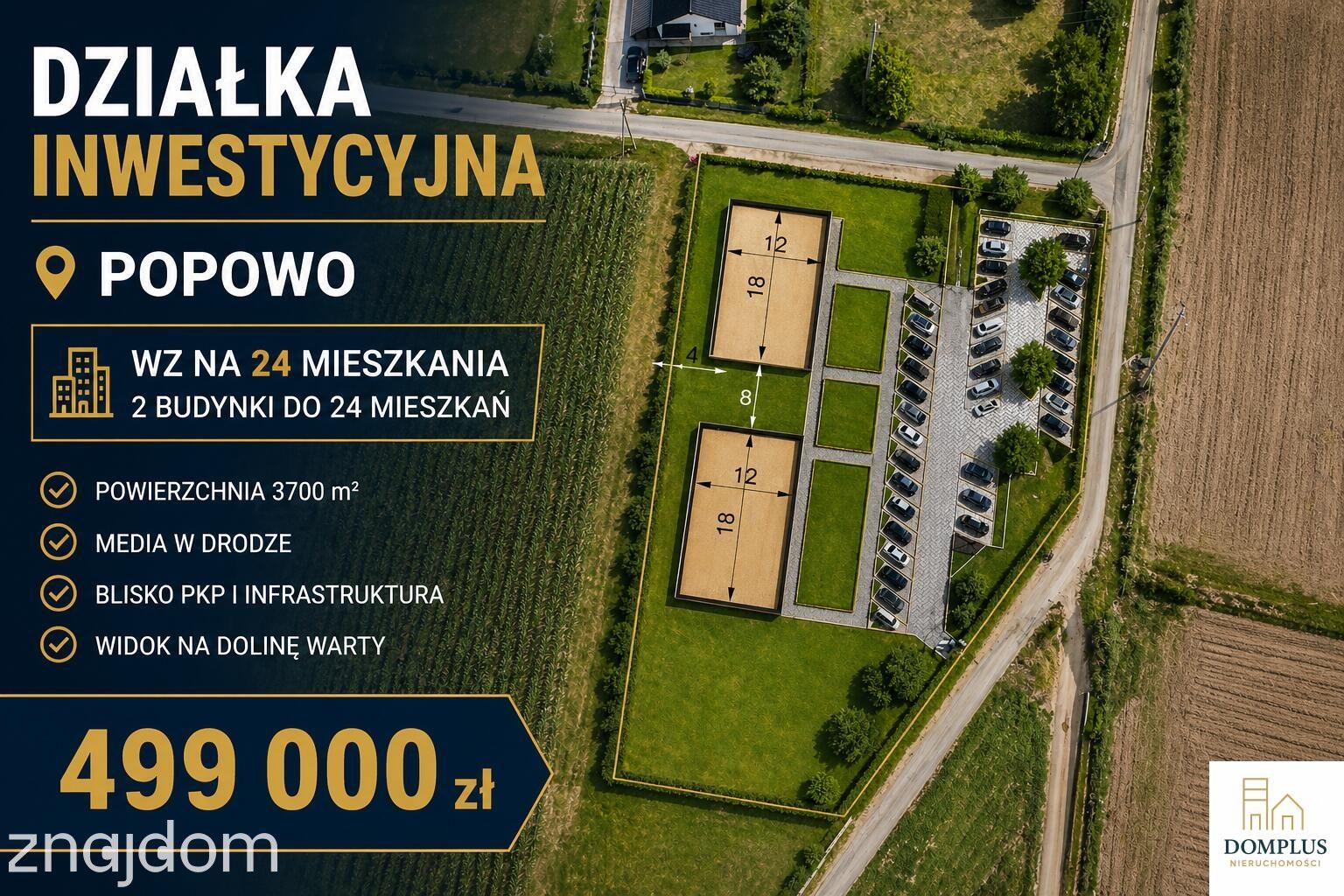 Popowo działka 3700 m² WZ 2 budynki 24 mieszkania