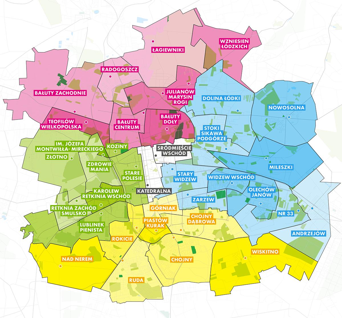 Kolorowa mapa podziału administracyjnego Łodzi z zaznaczonymi granicami poszczególnych osiedli, oraz pięciu historycznych dzielnic.
