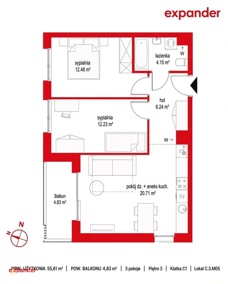 3-pok. 56 m² z balkonem – lokal C.3.M05 - zdjęcie 14