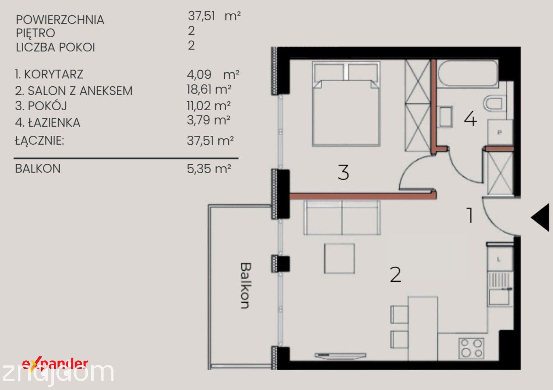 Gotowe 2‑pokojowe mieszkanie 37,51 m² z dużym balkonem - zdjęcie 9