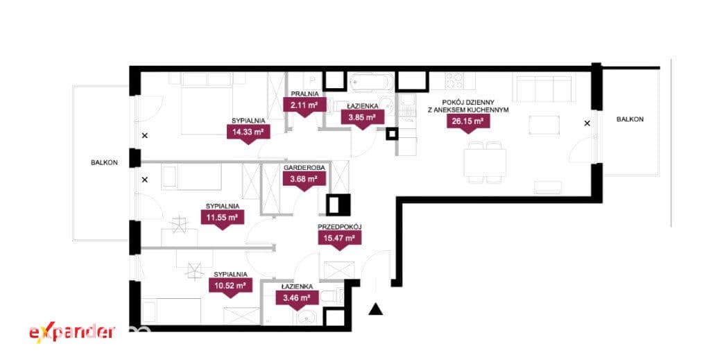91 m² | 4 pokoje | 2 balkony | 2 łazienki | - zdjęcie 11