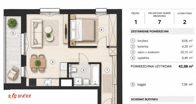 2 pokoje | 43 m² | duża loggia 7,35 m² | Grunwald | - zdjęcie 19