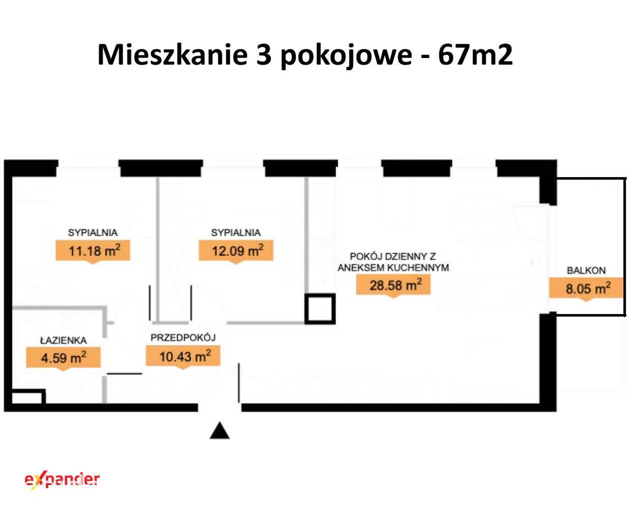 Duże 3-pokojowe mieszkanie 67 m2 z balkonem.