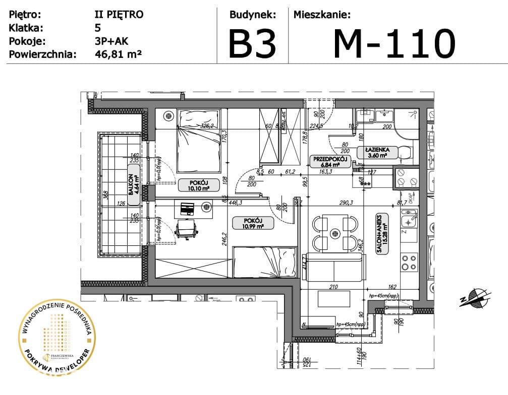 3 pokojowe mieszkanie 46,81 m2 okolice Dożynkowej - zdjęcie 2
