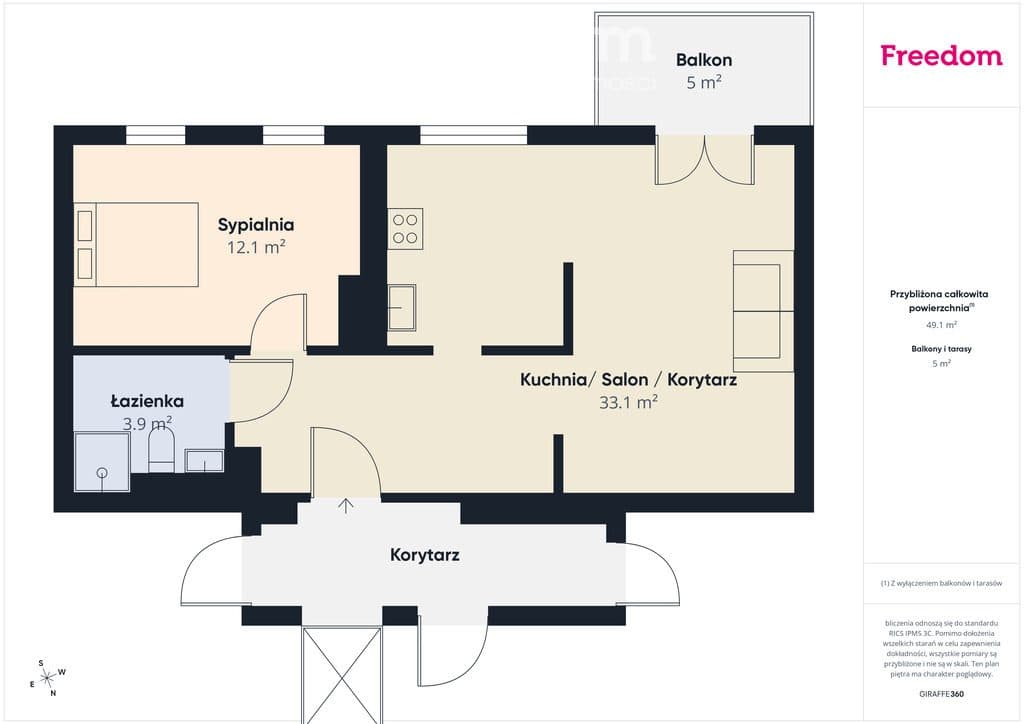 Słoneczne 2 pokoje 49 m², balkon, blisko centrum