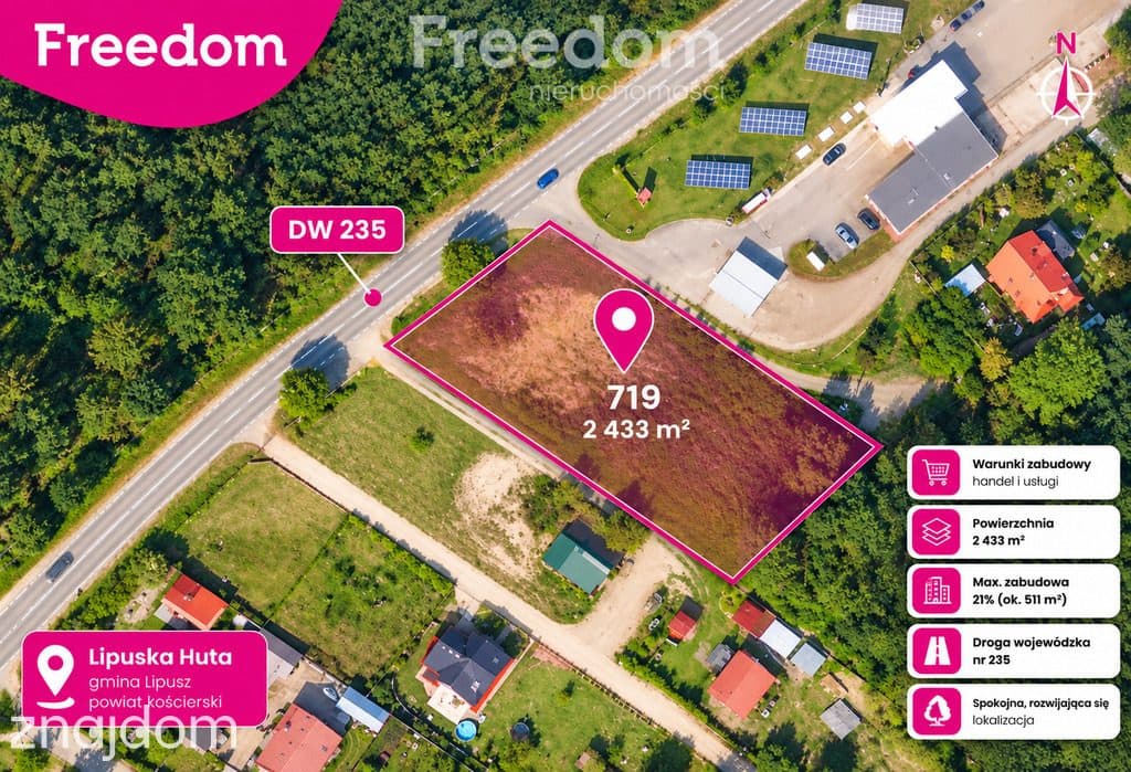 Działka inwestycyjna 2 433 m² | WZ na handel i usługi | Lipuska Huta