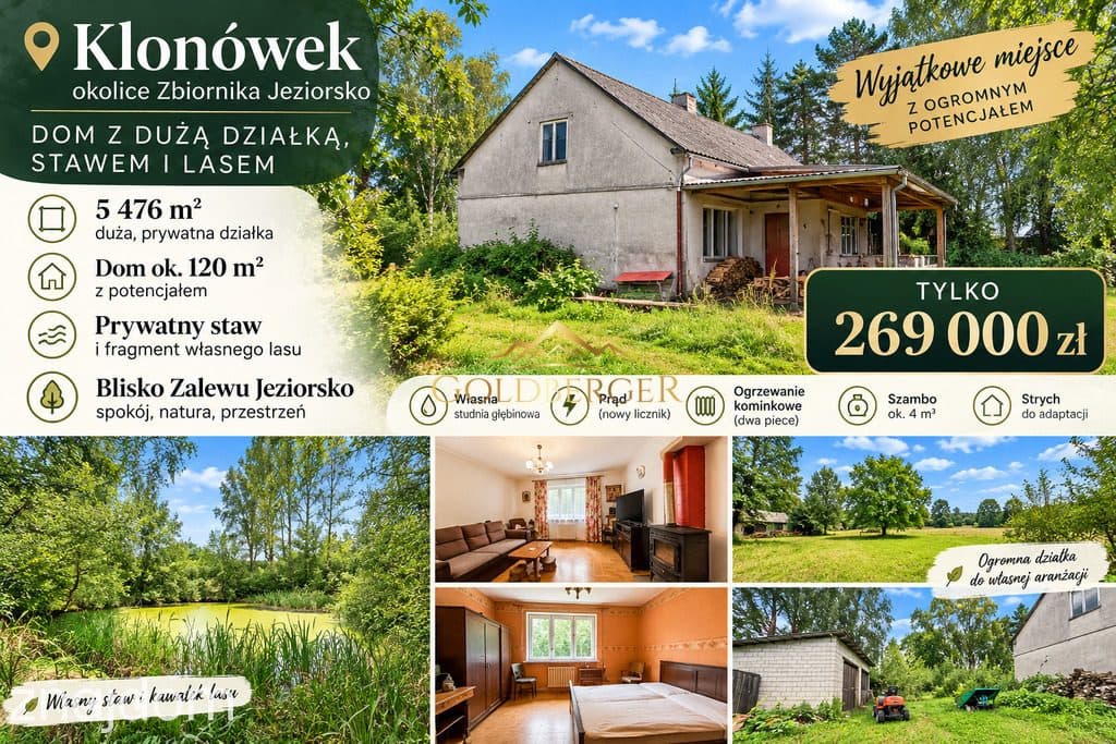 Dom z dużą działką,Stawem,lasem Klonówek