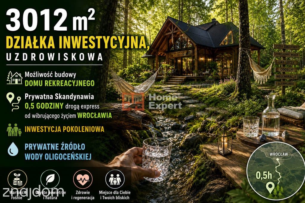 Działka+woda źródlana inwestuję 0,5 h od Wrocławia