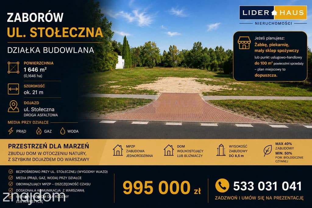 Działka budowlana 1646 m², prąd i gaz, plan miejsc