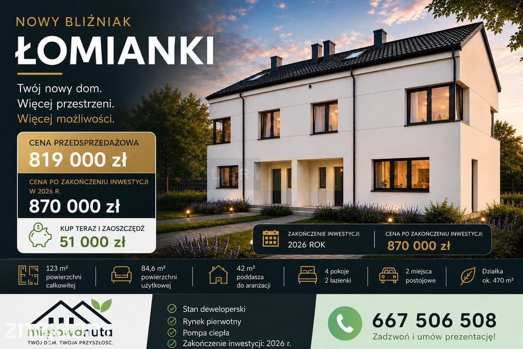 NOWY BLIŹNIAK W ŁOMIANKACH — 123 m² + PODDASZE 42m