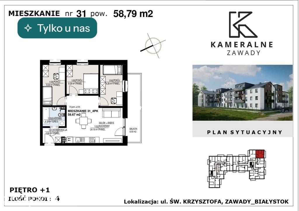 Kameralne Zawady - 58,67m2 na I Piętrze