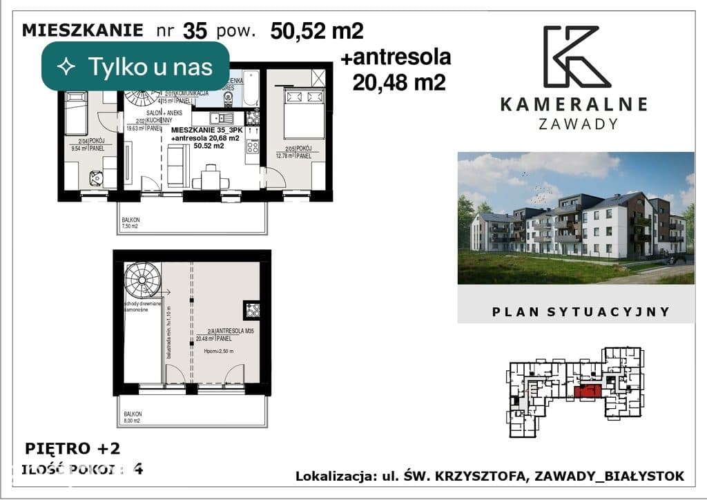 Kameralne Zawady - 50,52m2 + antresola 20,68m2