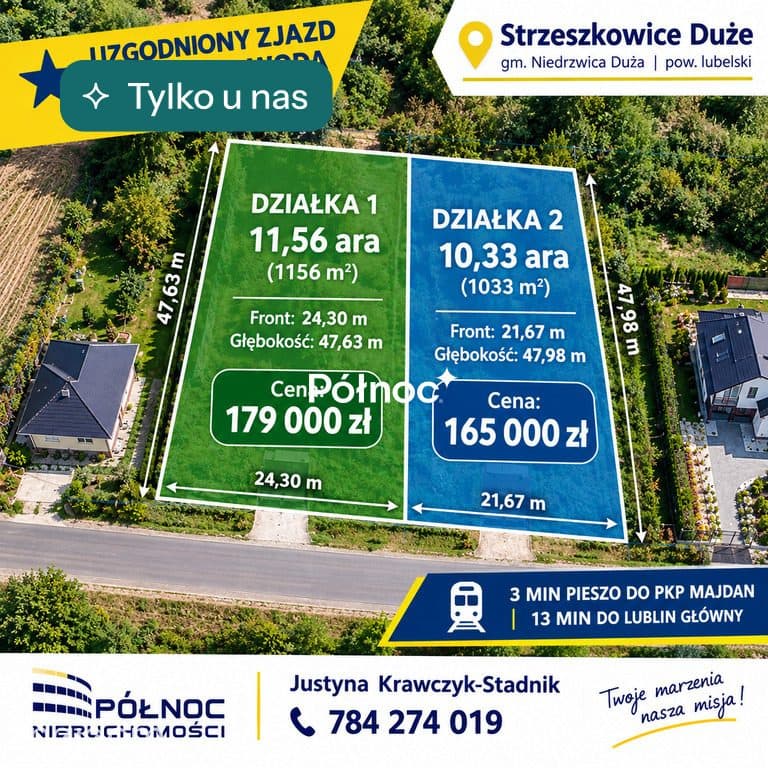 Nowa cena! 2 działki: woda, zjazd, PKP 3 min