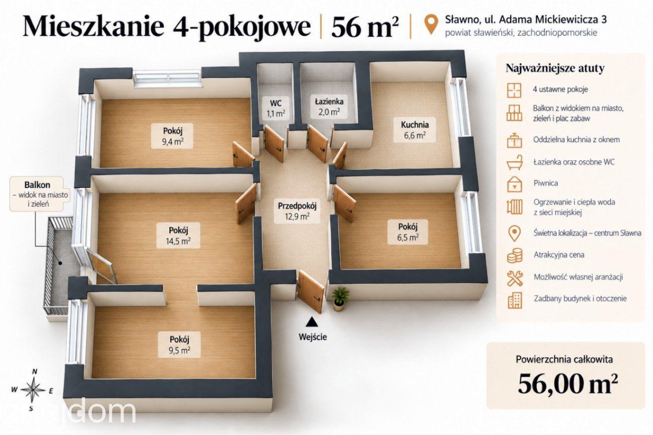 Słoneczne Mieszkanie 56 m²| Widok na miasto | Centrum Sławna - zdjęcie 2