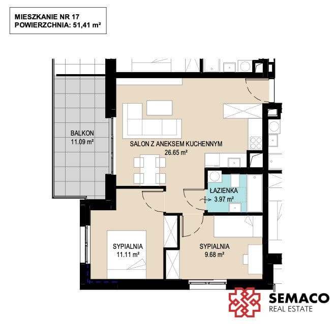 Nowe/3pok/51m2/Balkon 11m2/Bez prowizji i PCC - zdjęcie 8