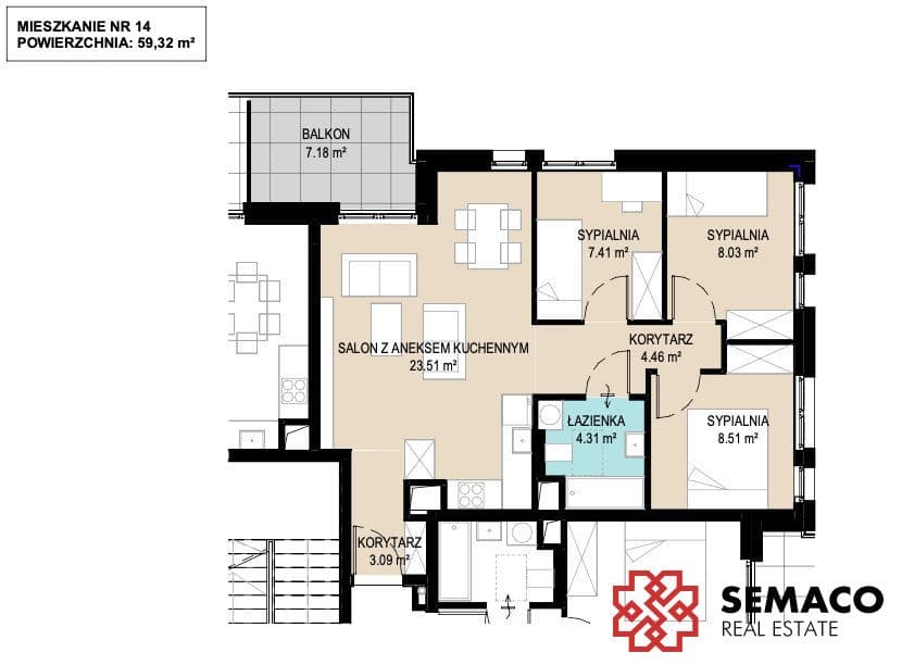 Nowe/4pok/59,5m2/Balkon/Bez prowizji i PCC - zdjęcie 8