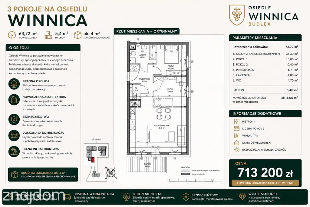 Osiedle Winnica | 3 pokoje | 63,72 m² | Balkon