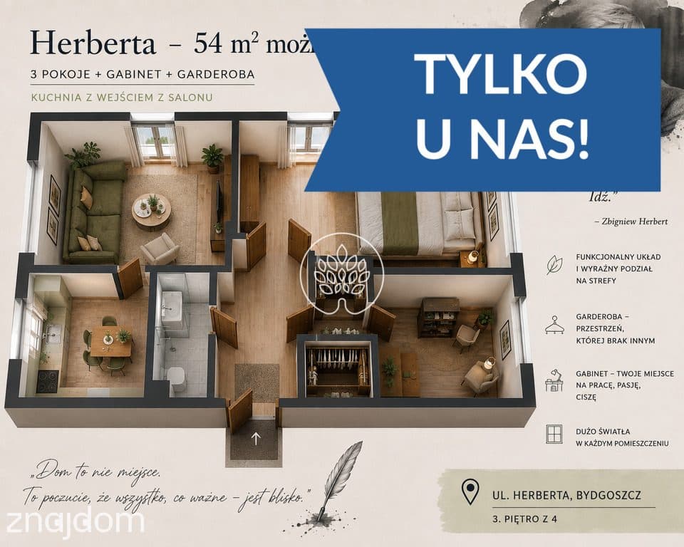 3 pokoje + garderoba | 54 m² | Herberta