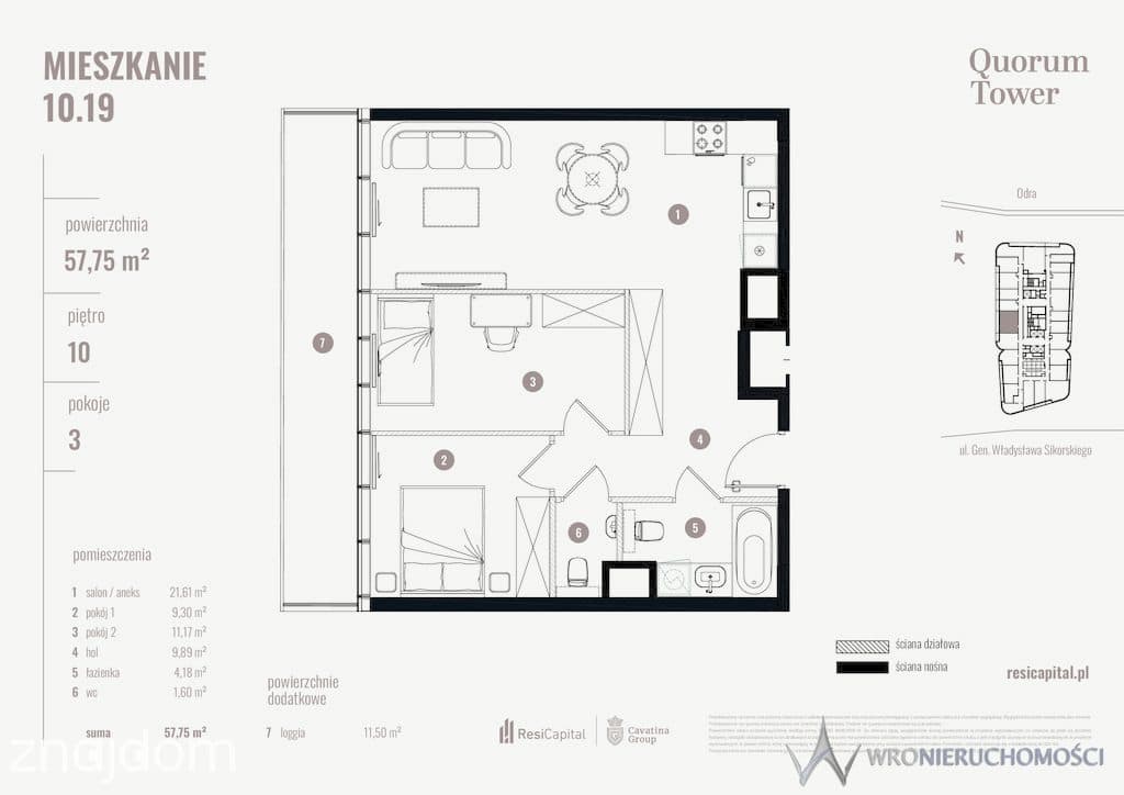 3 pokoje | 57,98 m² | 10 piętro | taras 11,50 m² | centrum Wrocławia - zdjęcie 2