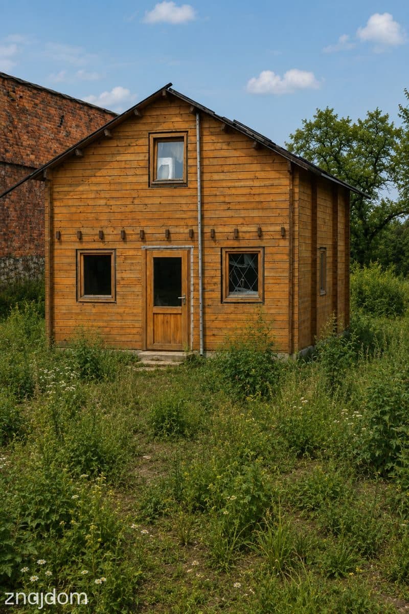 Działka z nowym budynkiem drewnianym.